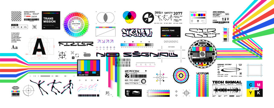  Y2K CMYK style design kit with retro futuristic lettering, color bars, test chart shapes, glitch graphics for streetwear prints, t-shirt, typography. Y2K lettering, retro CMYK elements. Vector set