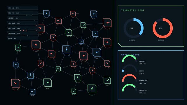 a functional checkout overlay appears within a digital interface displaying dynamic network node clusters and circular data telemetry gauges against a dark solid screen background
