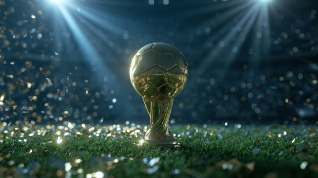 Golden international tournament trophy standing on lush green grass amidst confetti and stadium spotlights