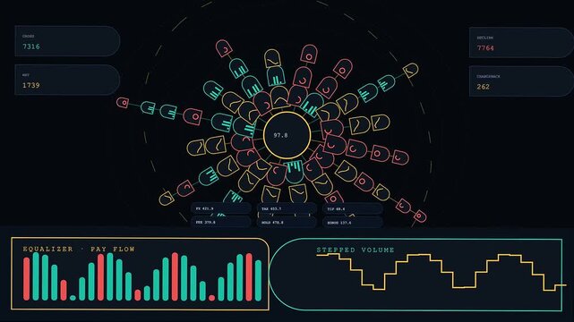 A digital checkout overlay interface displays abstract geometric radial circular data patterns and linear equalizer volume graphs pulsing across a dark screen in this animated display