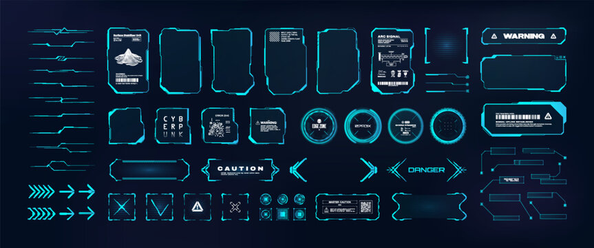 HUD - UI, UX, Kit graphic box, futuristic user interface with glowing blue frames, warning labels, callout boxes, arrows for GUI. Cyberpunk sci-fi set for futuristic design. HUD, UI vector graphic set