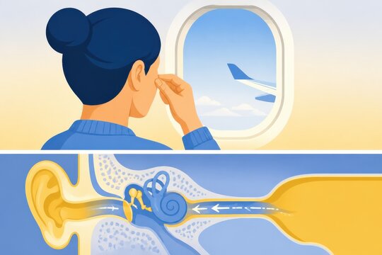 Airplane Ear Pressure Illustration with Ear Anatomy Diagram