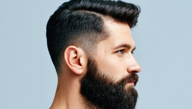 Side profile of a man with a fade haircut and a full beard against a plain gray