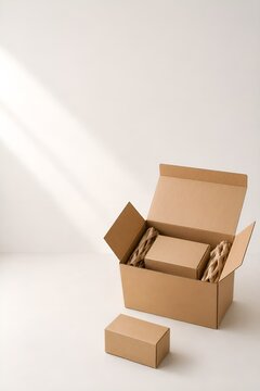 商品サイズに合った配送箱と最小限の紙製緩衝材で表現する無駄のないEC梱包と物流効率化（AI生成）