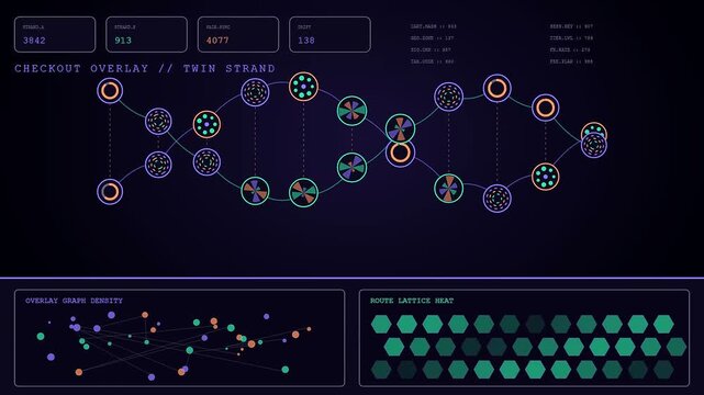 Futuristic checkout overlay interface animation displaying data graphs and network nodes progressing across three split screens in a dark digital space