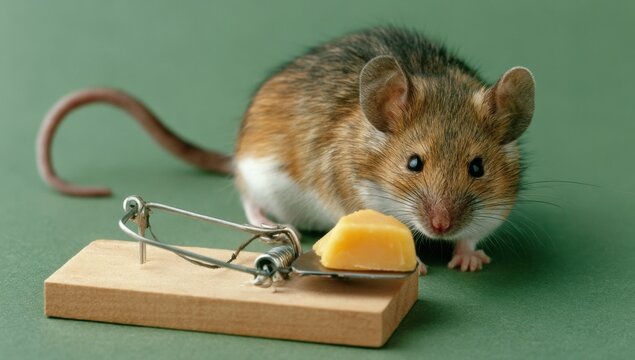 House mouse approaching a cheese baited wooden trap