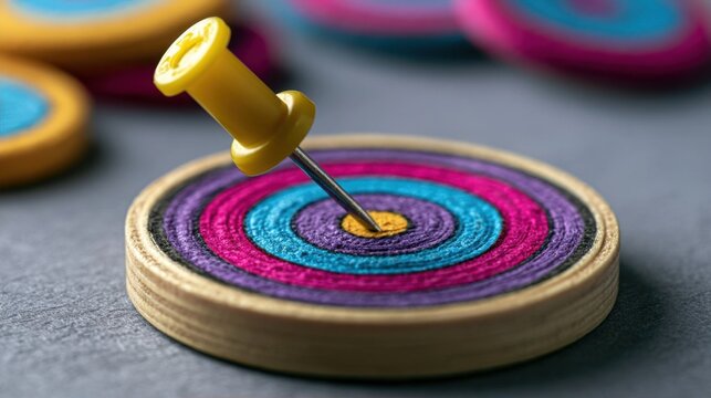 Small round target board toy with colorful yarn rings and a yellow pushpin stuck in the center