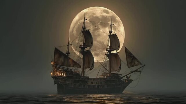 Europe medieval lifestyle. A dark, atmospheric depiction of a pirate ship sailing under a large, full moon. The ship is adorned with multiple masts, rigging, and numerous sails.