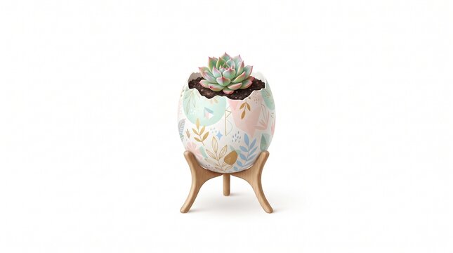 Small succulent growing in a decorative eggshell planter with pastel leaf patterns on a wooden stand