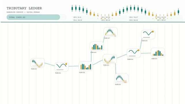 a digital checkout overlay interface evolving into a complex web of financial data flow patterns displayed on a light mint green computer screen grid layout