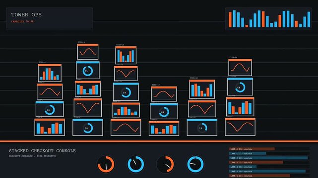 A digital checkout overlay displaying multifaceted grid metrics and circular loading gauges across a dark interface monitor setup for seamless analytical tracking and visual data management