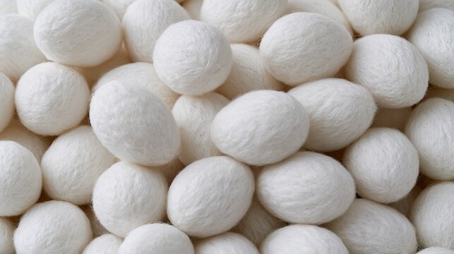 Stacked White Oval Silkworm Cocoons, Natural Silk Fiber Material Background, Soft Organic Texture and Textile Raw Material Closeup Visual Asset