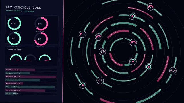 A digital checkout overlay displays complex circular data charts with vibrant neon segments pulse in synchronicity across a dark void interface for advanced financial transaction monitoring