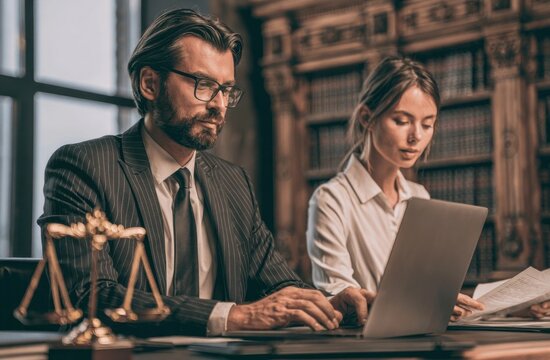 Lawyers working together at a desk in a classic law office with a legal scales statue