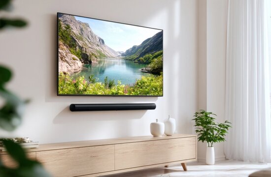Living room with a large flat-screen tv mounted on the wall above a wooden console