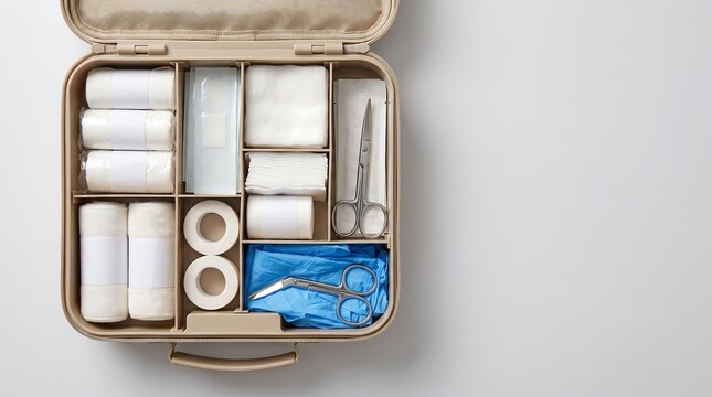 Open first aid kit with medical supplies on a light background.