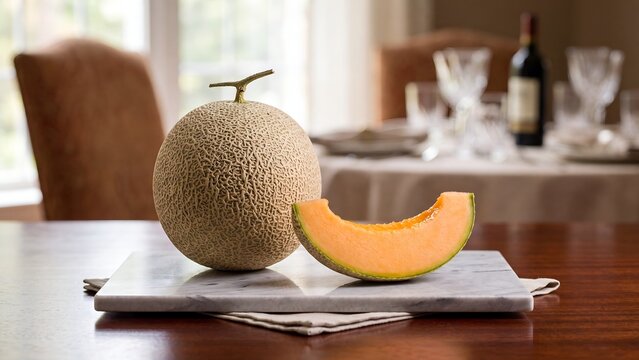 Whole cantaloupe melon and single slice on marble board on dining table
