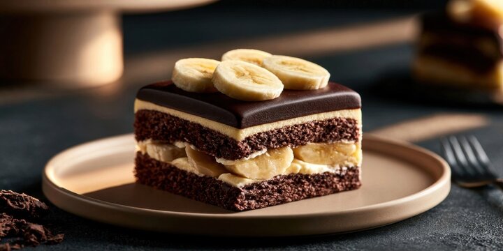 Square-cut layered chocolate and banana dessert with creamy filling on a brown plate