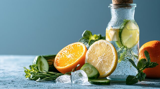 Refreshing Drink Cold citrus and cucumber infused water in a condensation coated glass bottle with mint and ice on teal background