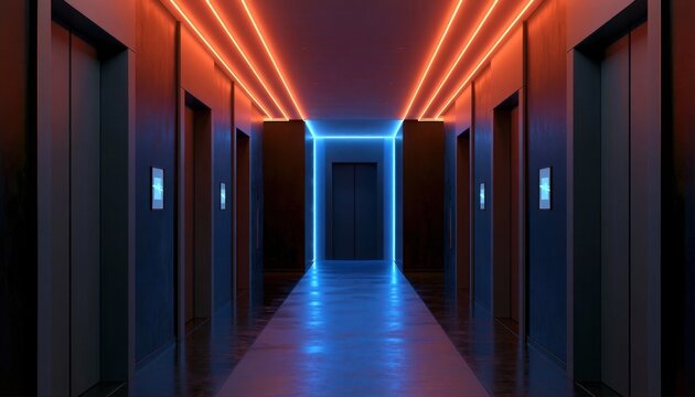Long narrow hallway with multiple elevator doors illuminated by neon lights