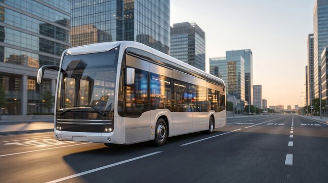 Modern electric city bus driving on a street in a metropolitan business district.