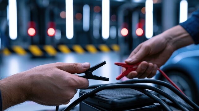 Technician connecting jumper cables to car battery terminals