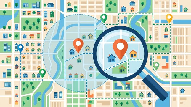 City property search map with house icons, location pins, routes and search radius, modern real estate navigation concept in clean flat vector style.