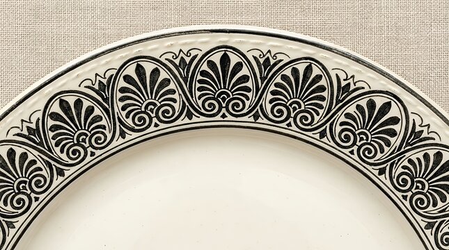 Oval black and white ornamental round frame. Classical circular frame Greek inspired border palmette and scroll motif. Circle european border. For plate porcelain ceramic or design  Ornamental
