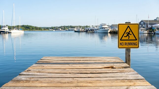 A weathered wooden pier leads to calm blue water with sailboats and buildings visible in the distance beside a no running sign dock ocean sea marina harbor nautical warning