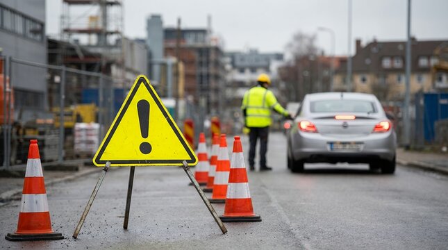 A yellow warning sign with an exclamation mark stands on a tripod near traffic cones and a silver car at a construction site 170 characters safety hazard alert caution danger