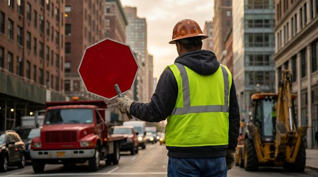 Construction worker in high visibility vest directs traffic with stop sign on busy city street with buildings and heavy machinery safety hi vis directing urban traffic control