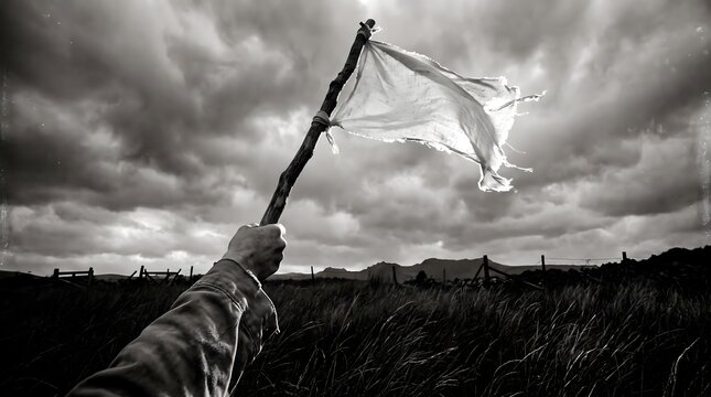 Dramatic black and white photograph of a hand holding up a makeshift white flag of surrender against a moody, storm-clouded sky over a desolate landscape, symbolizing peace and cessation of conflict
