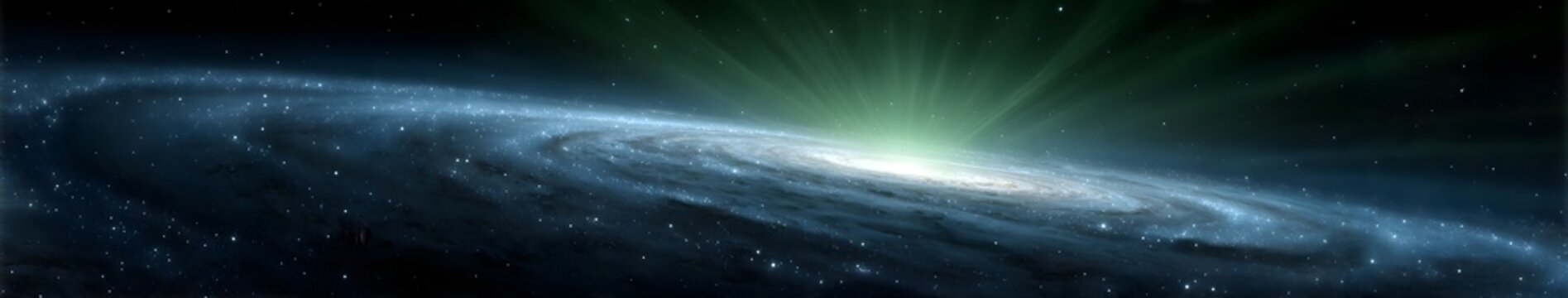 Spiral galaxy with glowing green light beams emanating from the center/�������ɫ���������ķ�����������ϵ