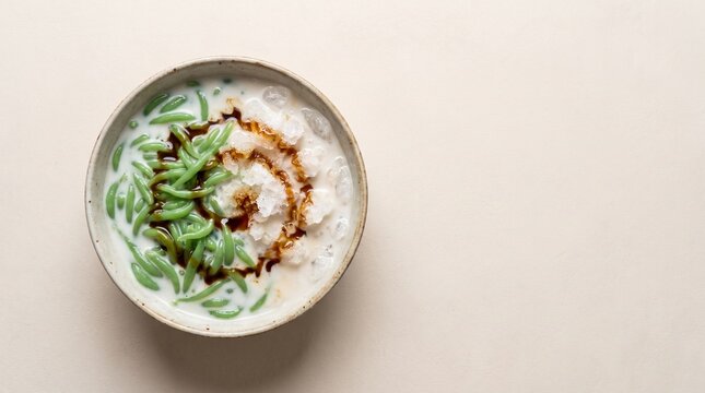 Top-down es cendol featuring green jelly, coconut milk, shaved ice, and palm sugar in a clean bowl composition for advertising, social media, menus, and culinary campaigns.