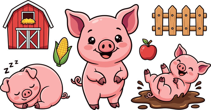 Cute cartoon pink pig character vector set featuring funny farm animals with a red barn house, wooden fence, corn, apple, and mud puddle elements.