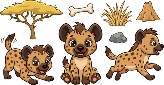 Cute cartoon hyena puppy character vector set featuring funny African safari animals with an acacia tree, bone, termite mound, and savanna grass elements.