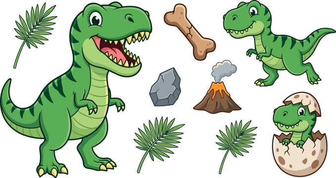 Cute cartoon green dinosaur tyrannosaurus rex vector set featuring funny prehistoric characters with a baby hatching from an egg, volcano, and tropical leaves.
