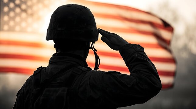 Silhouette of a brave soldier in military uniform saluting the United States American flag during a sunset, symbolizing patriotism, honor, respect, and dedicated national military service