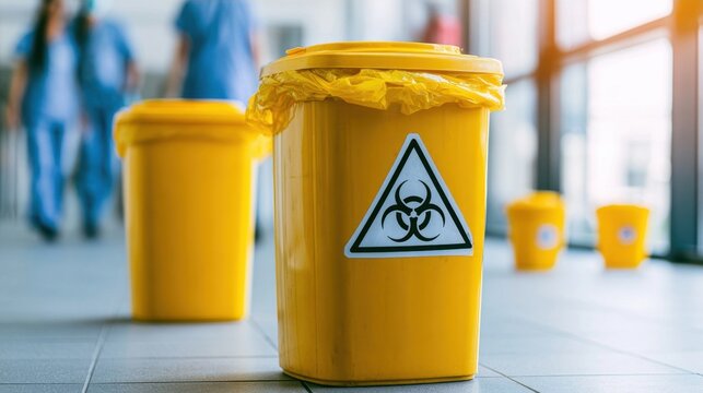 Yellow biohazard waste bin in a hospital hallway