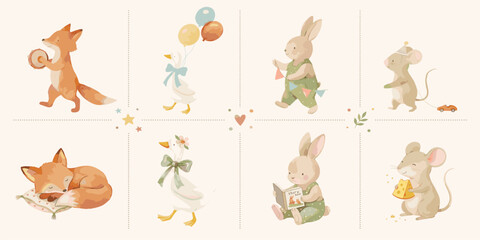 Fototapeta premium Watercolor parade of cute forest animals with balloons and instruments, perfect for nursery art, baby shower invitations, and kids' party decor. Adorable illustration