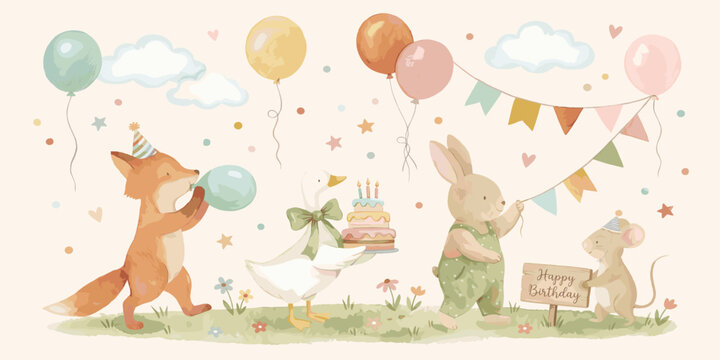 Watercolor parade of cute forest animals with balloons and instruments, perfect for nursery art, baby shower invitations, and kids' party decor. Adorable illustration
