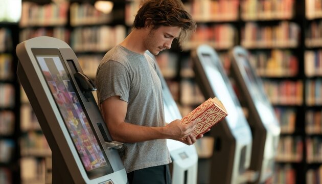 Young man browsing a book at a self-checkout kiosk in a library with blurred shelves in the