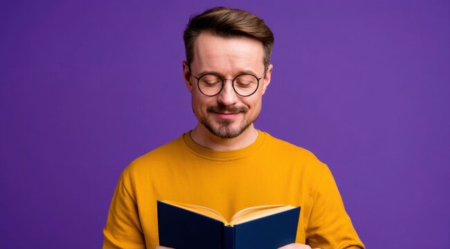 Young man with glasses reading a book against purple