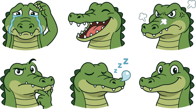 Cute cartoon crocodile emoji set featuring funny alligator characters with various facial expressions including crying, laughing, angry, thinking, sleeping, and smiling.
