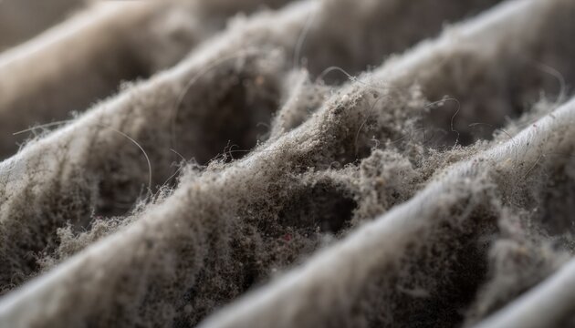 Thick layers of gray dust trapped between air filter fibers.