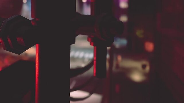 A close view of a metal structure with a clear focus on the bolts. Red lights illuminate the surrounding area, showing a nighttime urban setting with soft shadows.