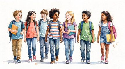 Obraz premium Watercolor illustration of happy diverse students walking together with school bags and books