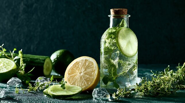 Refreshing Drink Cucumber and mint infused sparkling water in a corked glass bottle with lemon and lime slices on a dark textured background