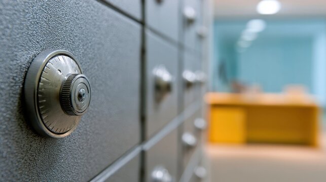 A gray safe deposit box lock in a bank vault with blurred interior