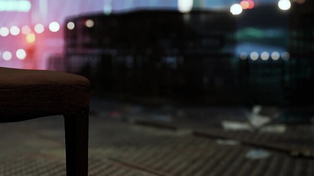 A chair sits alone with blurred lights in the background. The scene shows a busy urban area at night. People and vehicles can be seen nearby, creating a lively atmosphere.